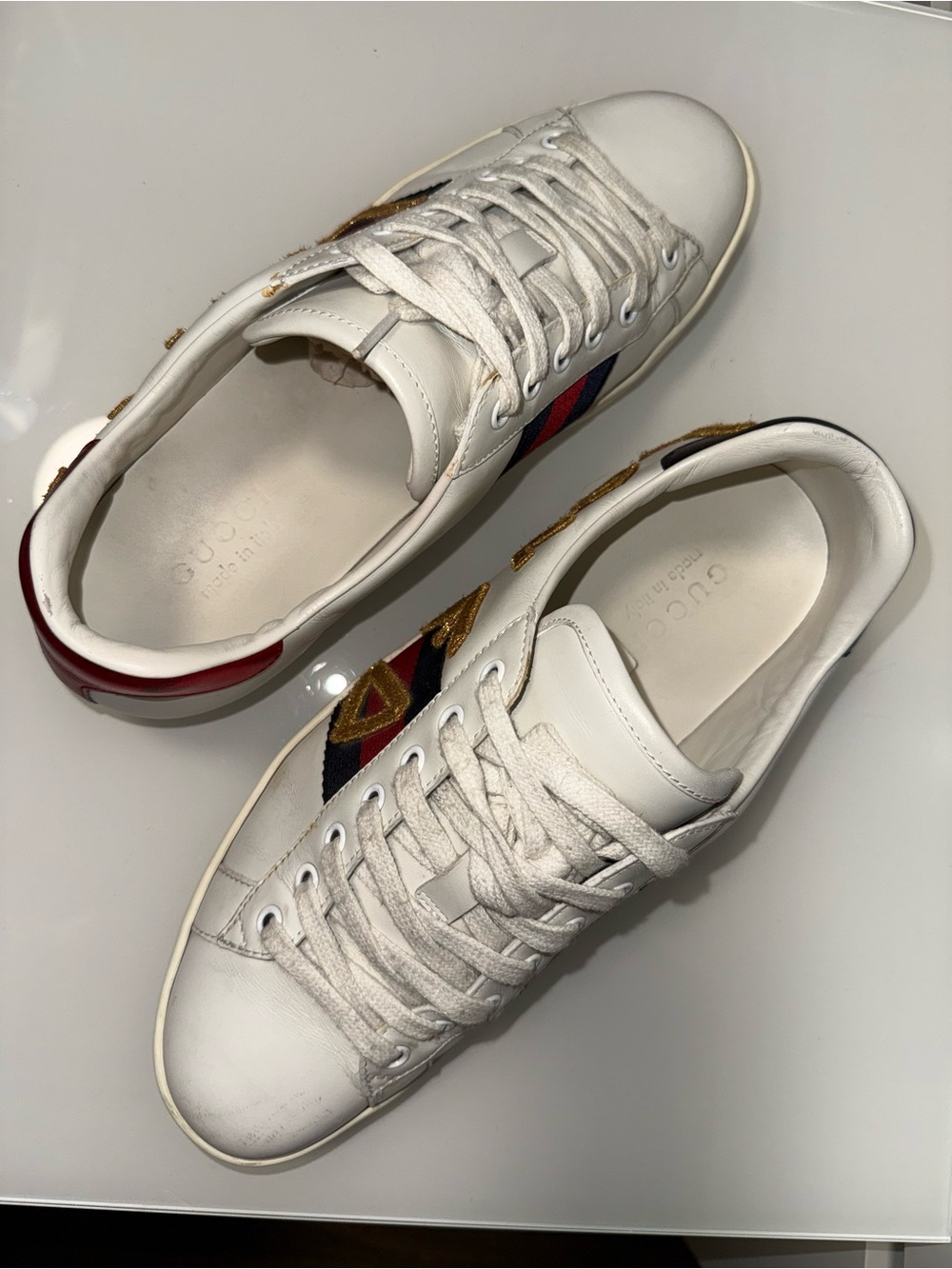 Gucci White Leather 'Loved' Sneakers with Red, Blue & Gold Accents - Picture 6 of 17